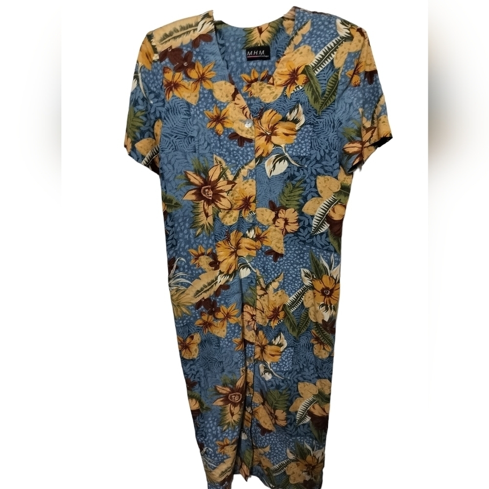2183) Vintage MHM Tropical Floral Button Front Maxi Dress Size 14?